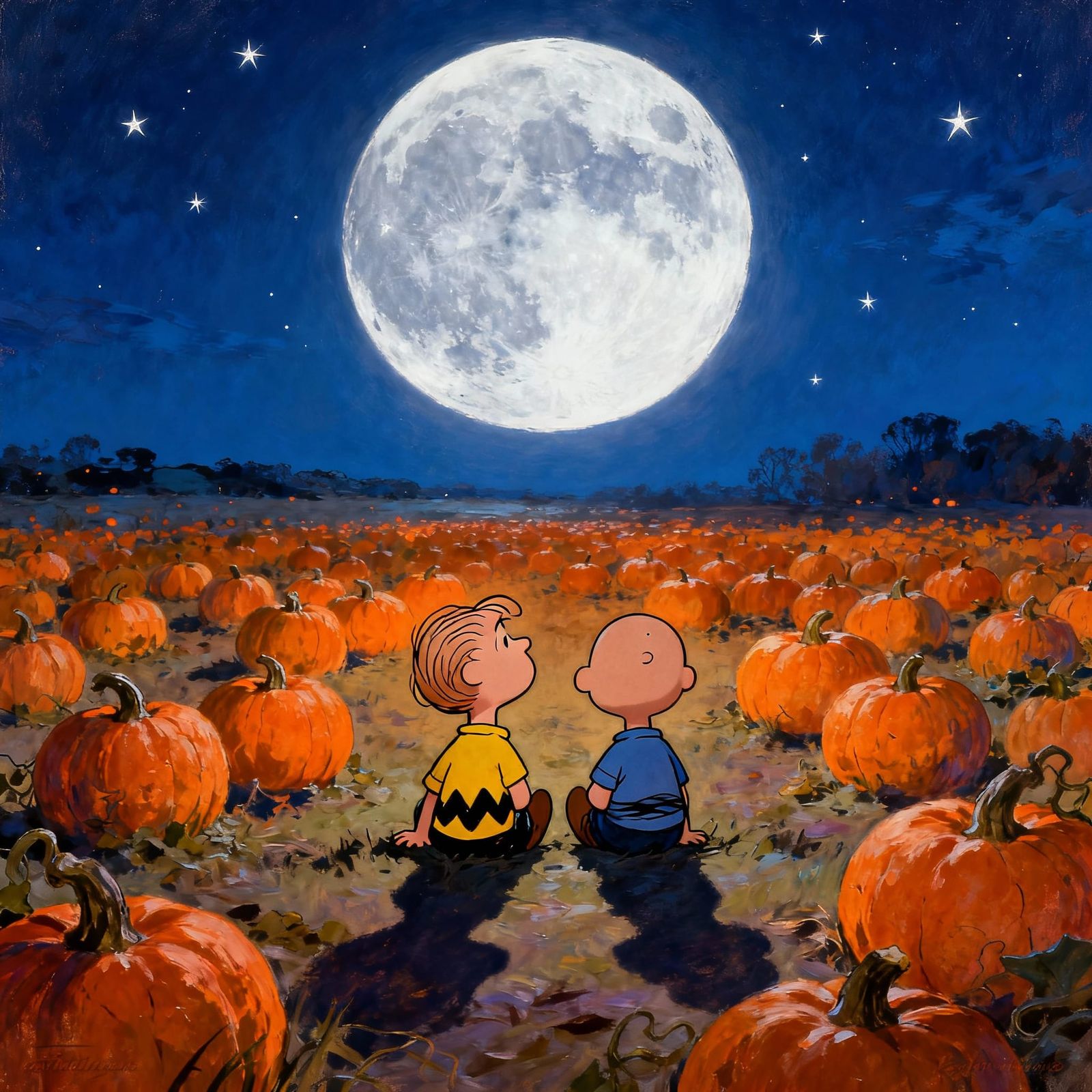 Whimsical Pumpkin Patch Scene Under a Full Moon