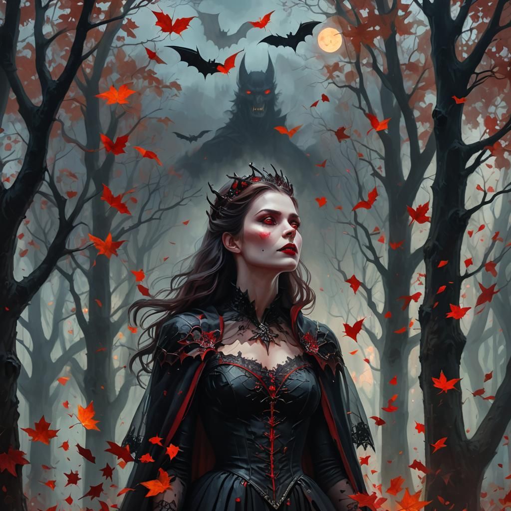 Vampire Queen in Foggy Autumn Forest at Night