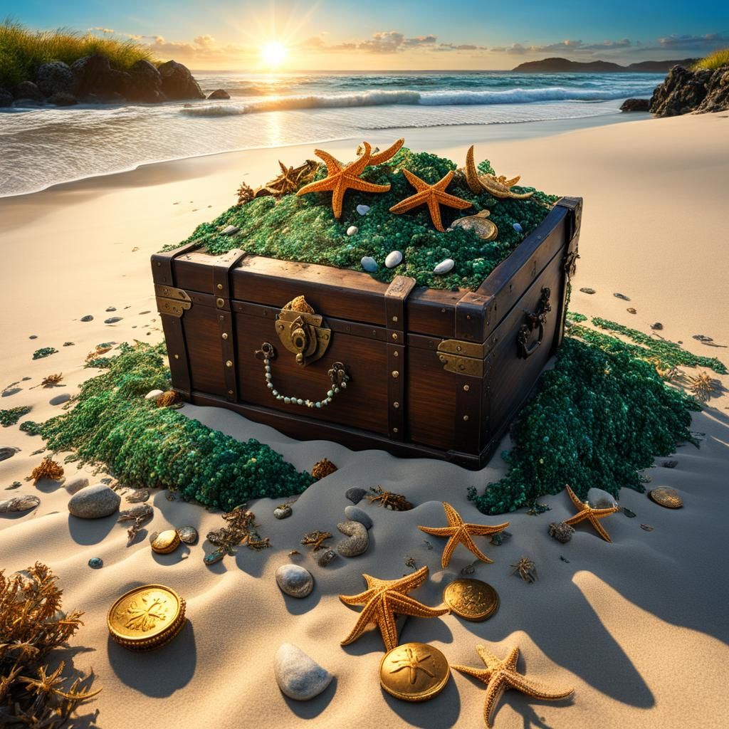 Sunlit Shore: Ancient Chest and Sea Treasures
