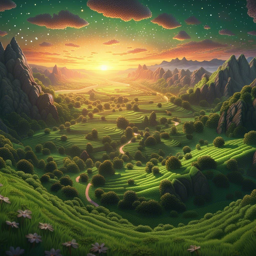 Lush Valley Sunrise: Detailed Fantasy Illustration