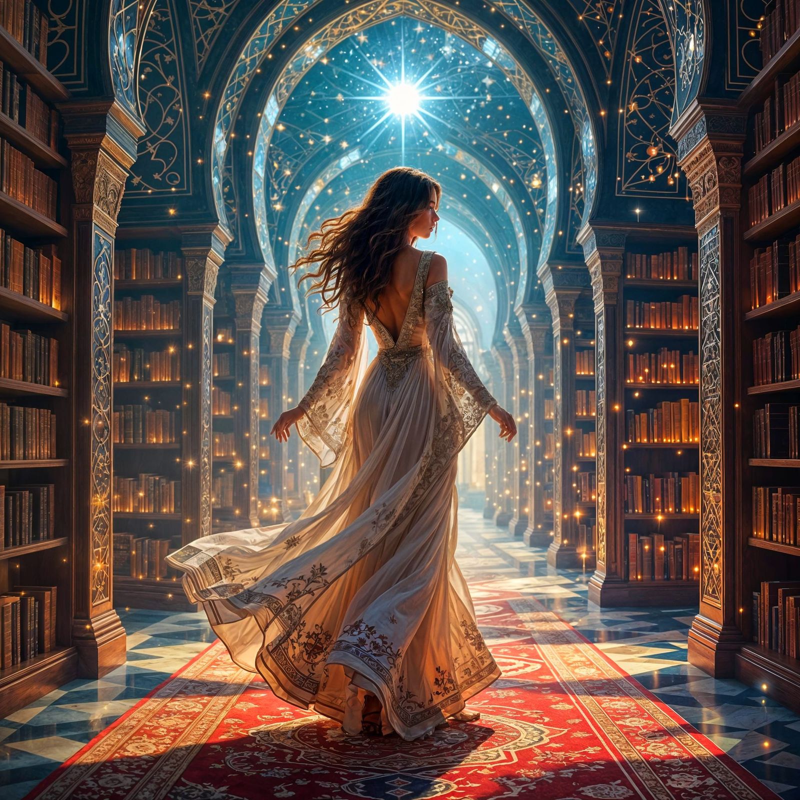 Celestial Library with Arabic Motifs in Islamic Art Style