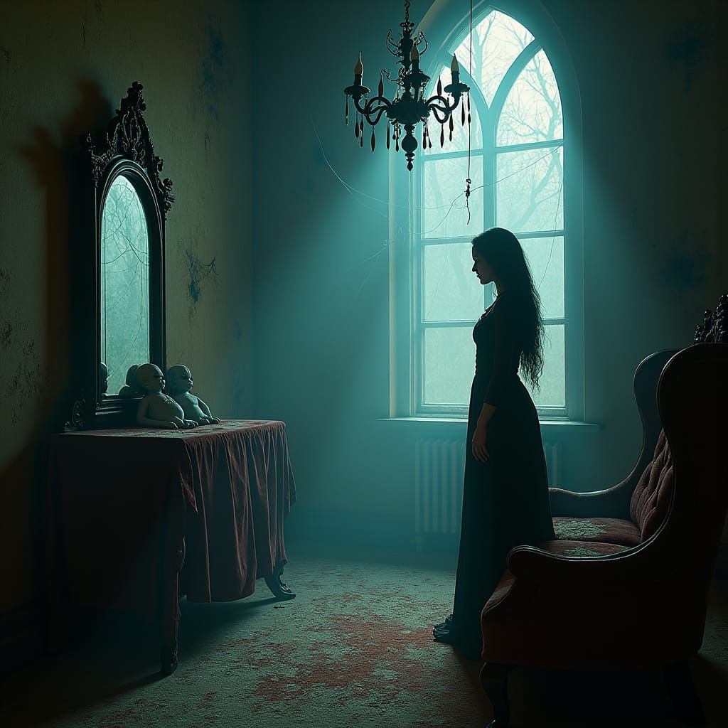 Ghostly Lady in Haunted Mansion, Art Nouveau Style