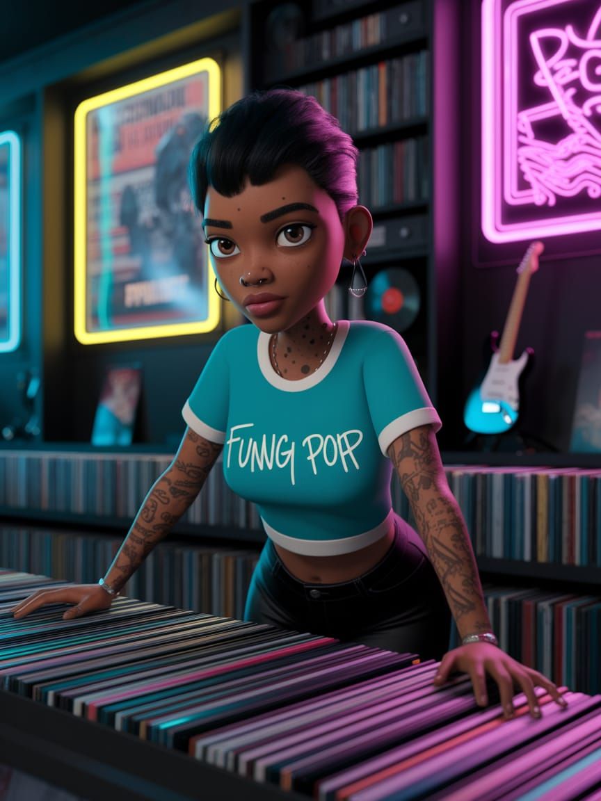 Punk Rock Woman in Record Store, Pixar Style