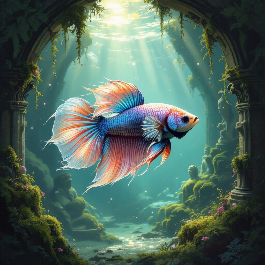 Bioluminescent Betta Fish in Underwater Grotto as Art Nouvea...