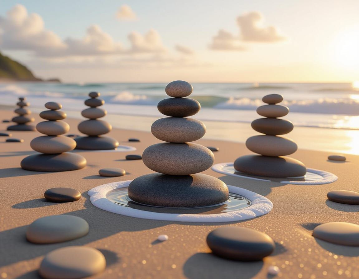 Serene Beach Scene with Zen Stone Towers
