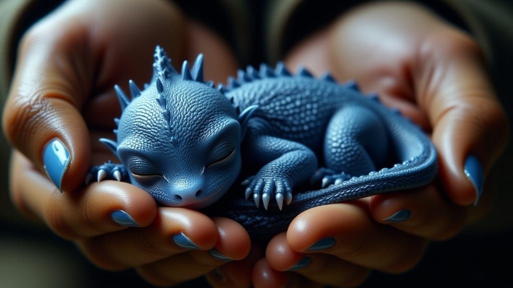 Gentle Hands Cradling Sleeping Blue Dragon