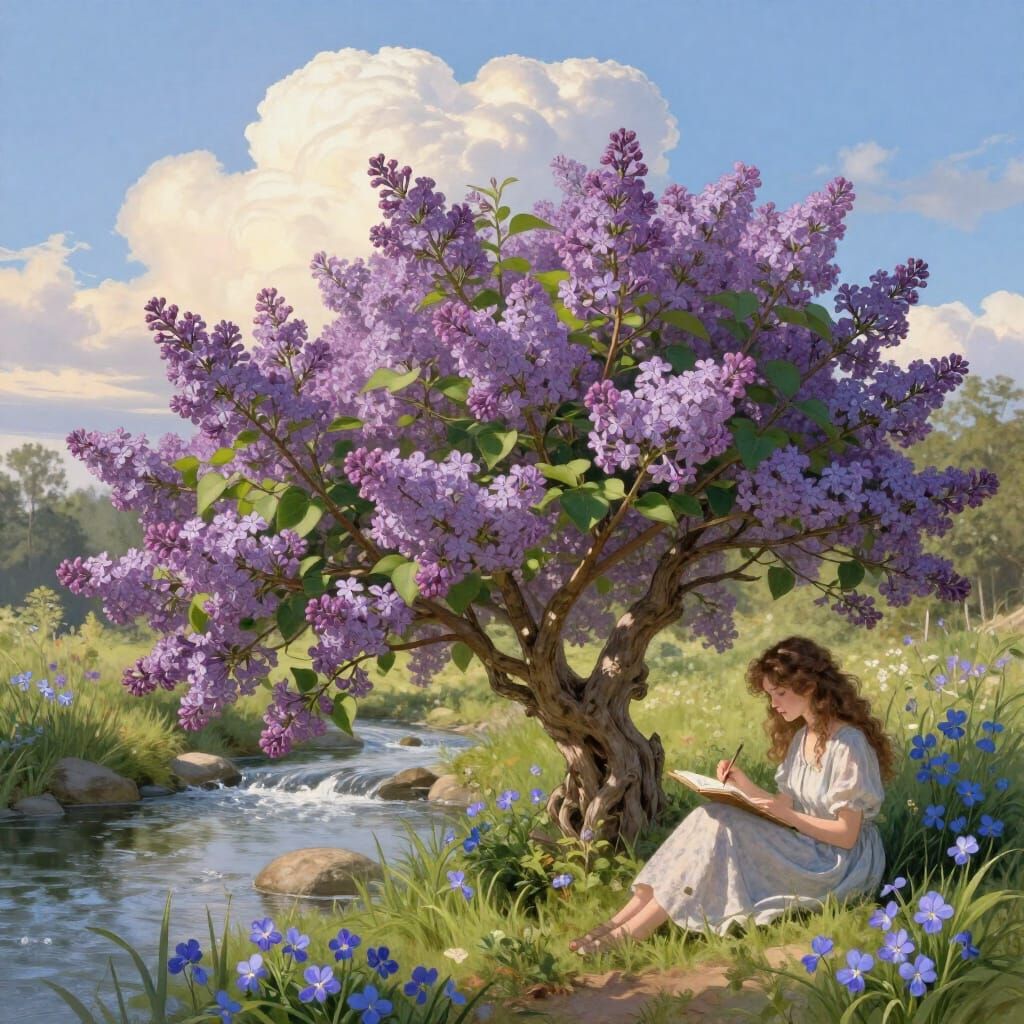 Ancient Lilac Bush by Bubbling Brook in Morning Sunshine