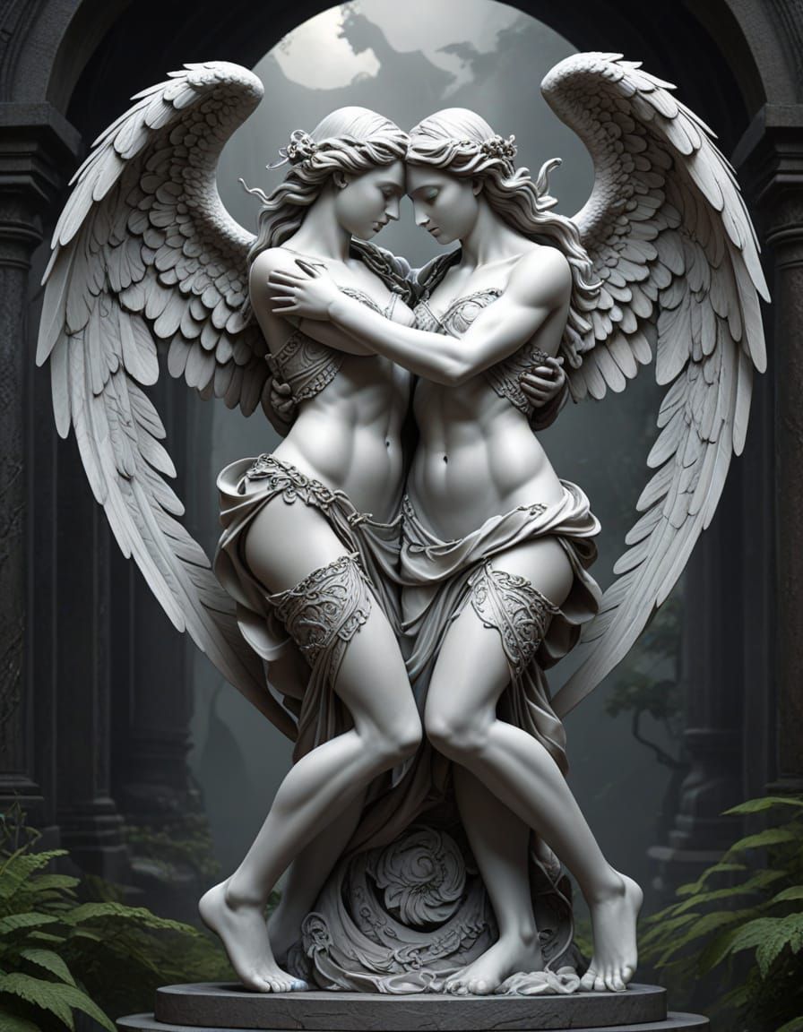Surreal, Ethereal Angels in DNA Twist, Amidst Ancient Ruins