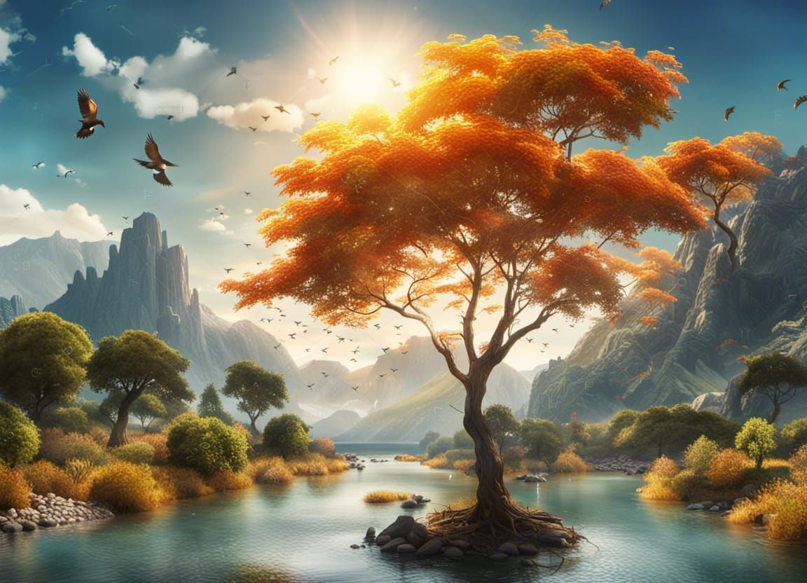 Orange Tree Landscape: Detailed Fantasy Concept Art