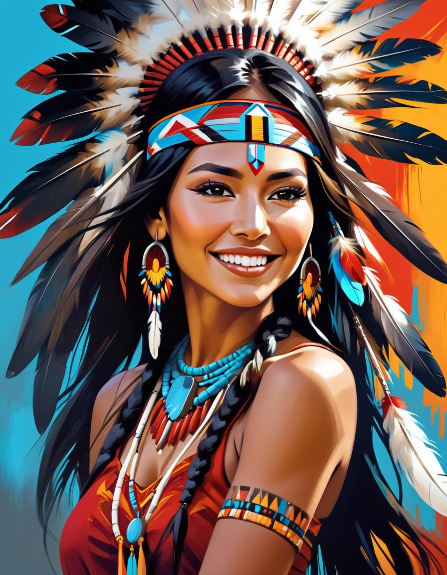 Beautiful Native American Woman in Digital Painting