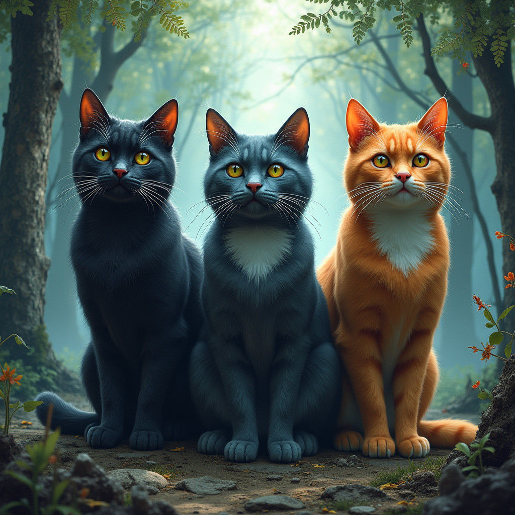 Mystical Cats in Ancient Forest: Fantasy Concept Art