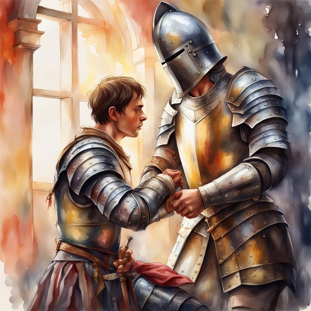 Squire Assisting Knight: Hyperrealistic Watercolor Art