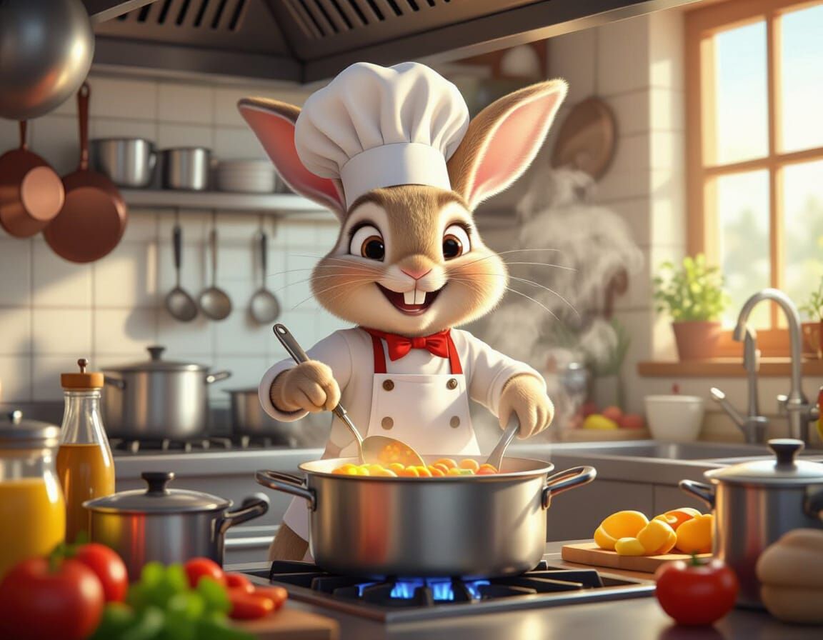 Rabbit Chef in a Whimsical Kitchen, Cartoon Illustration