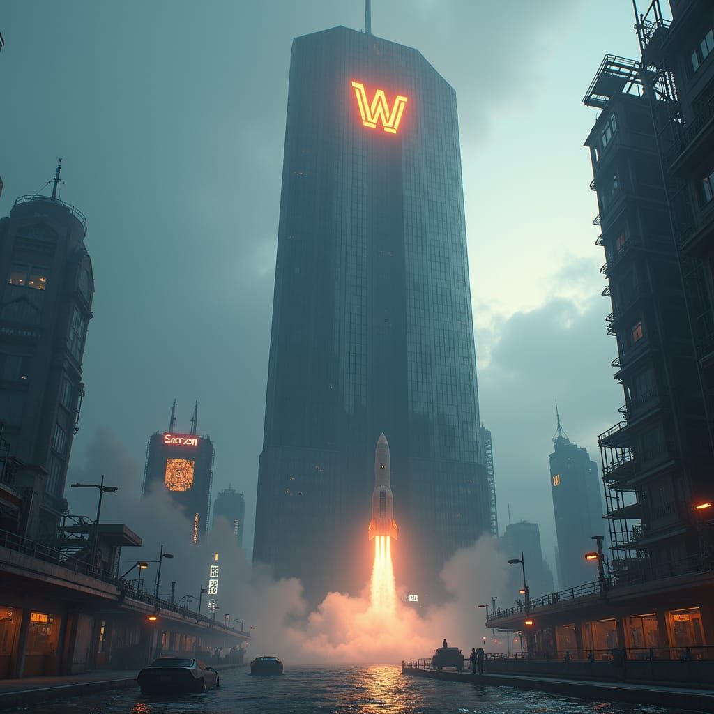 Industrial Might: Tungsten Skyscraper in Dystopian Cityscape