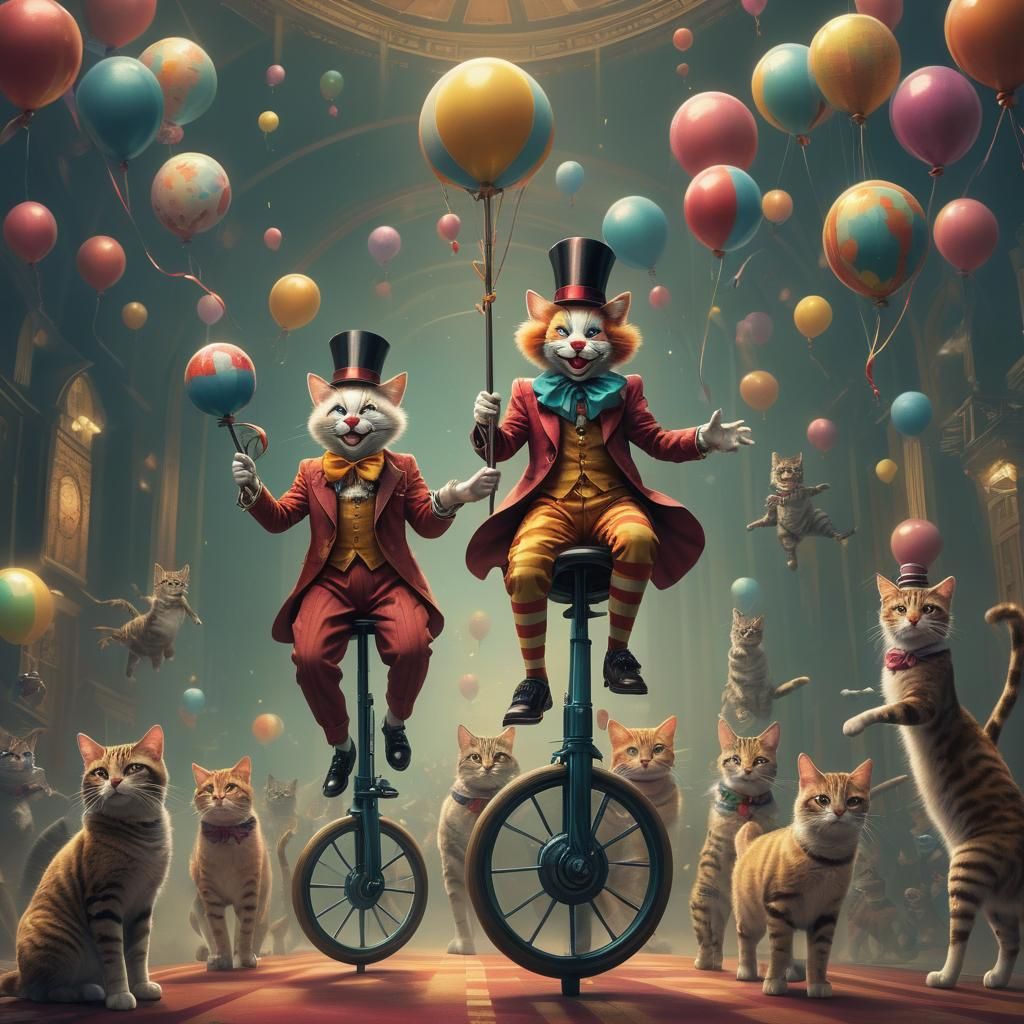 Clowns Juggling Cats on Unicycles in Art Deco