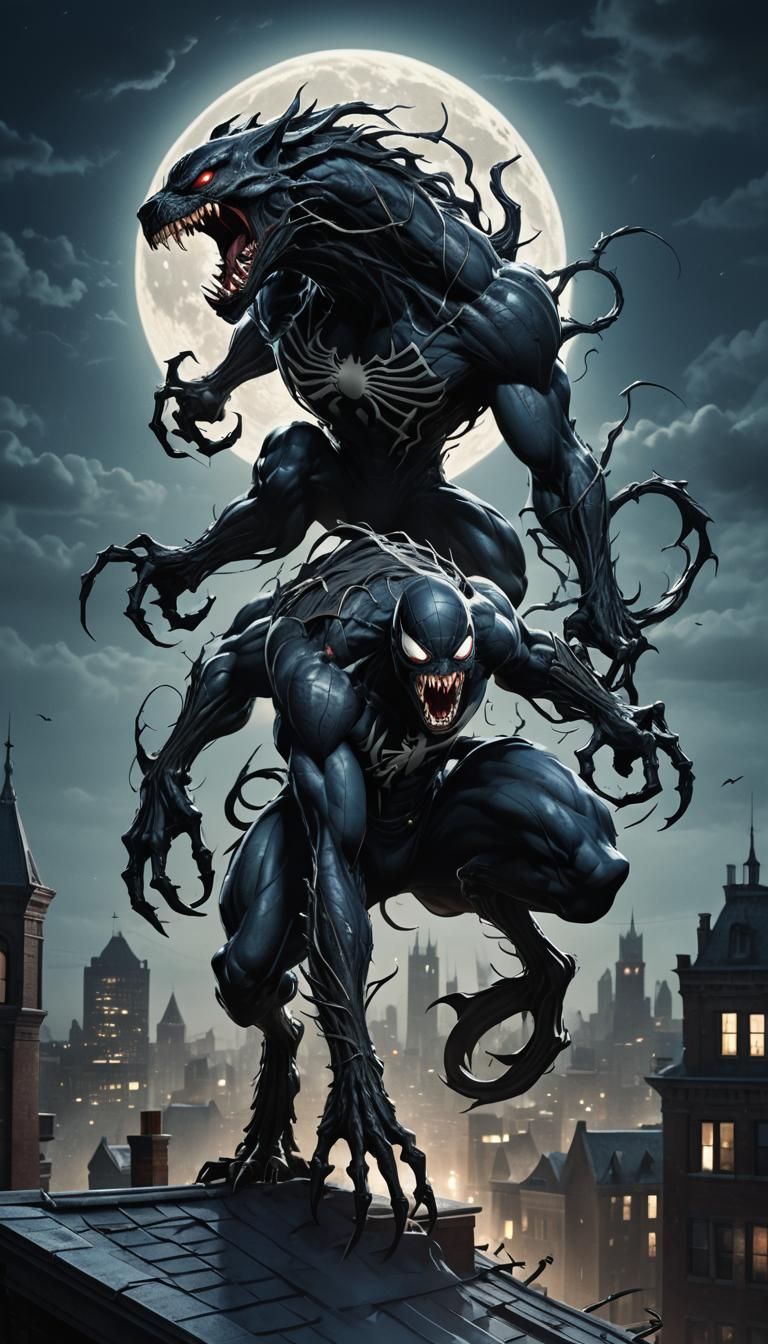 Venom-Spider-Wolf Hybrid on Gothic Rooftop in Dark Fantasy S...