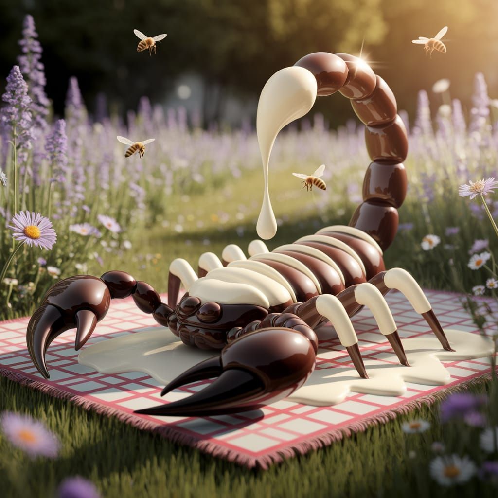Surreal Milk-filled Scorpion Amidst Whimsical Wildflowers