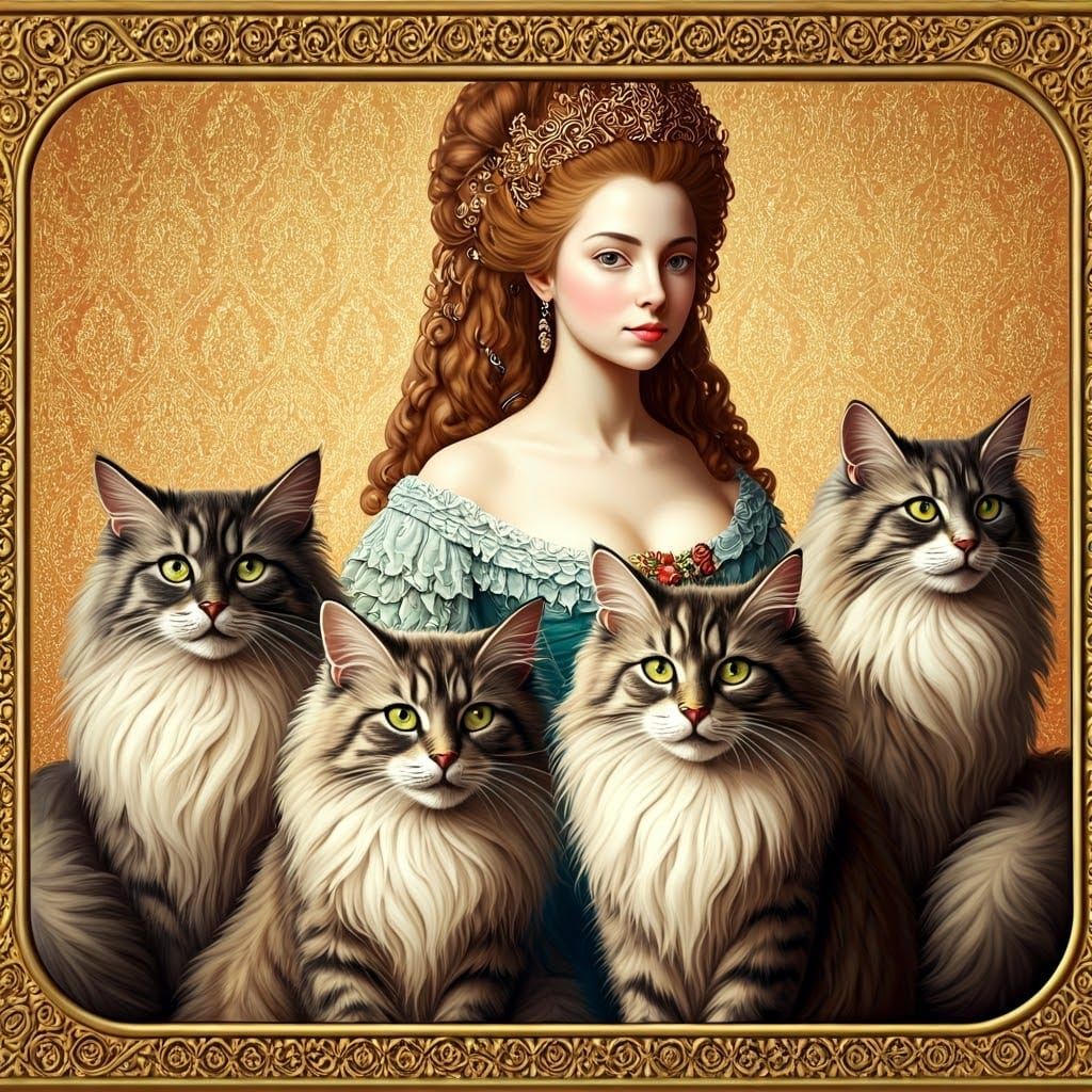 Elegant Woman Surrounded by Majestic Angora Cats in Lavish B...