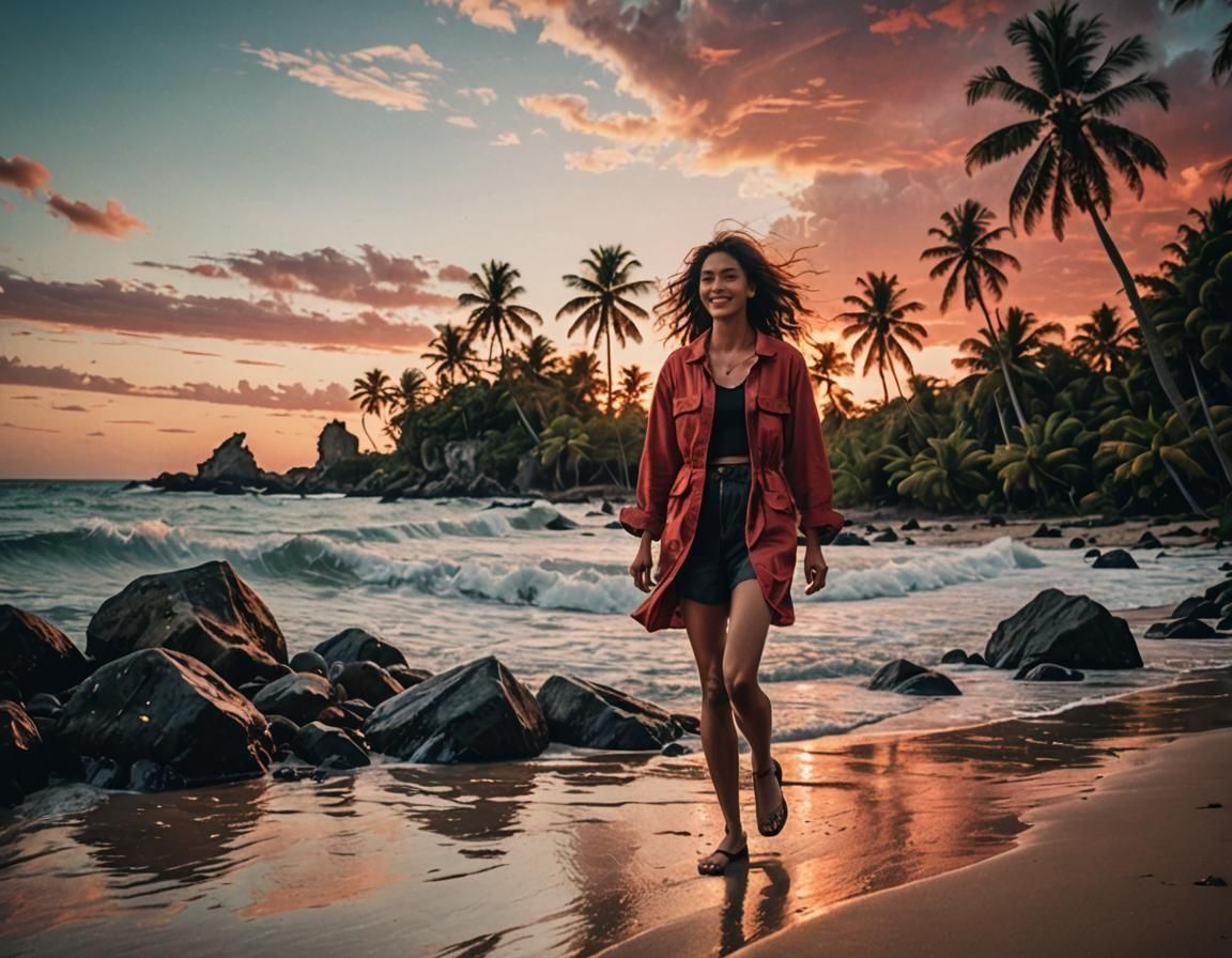 Happy Model on Beach at Sunset: Cinematic Film Still