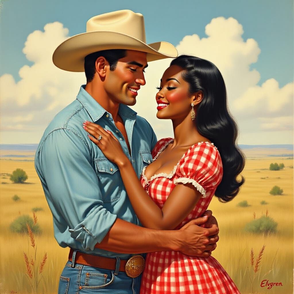 Romantic Embrace on the Prairie as Pin-Up Art