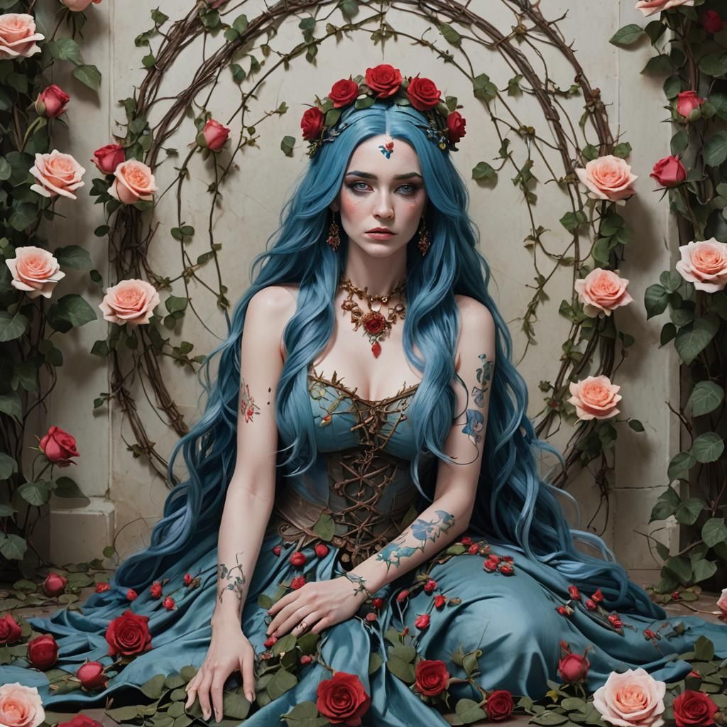 Blue-Haired Woman Surrounded by Roses and Thorns
