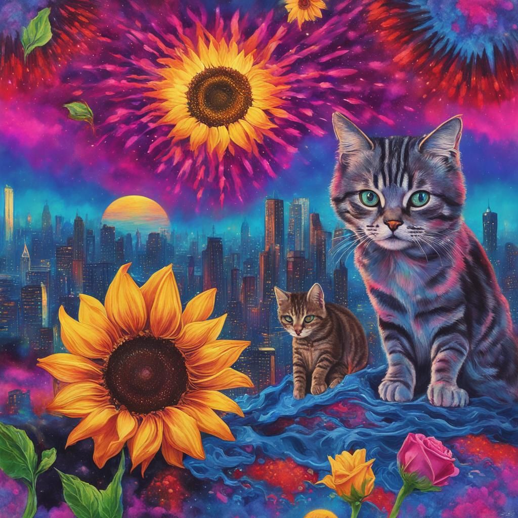 Electric Cyberpunk Candyland Cat with Valentine's Heart