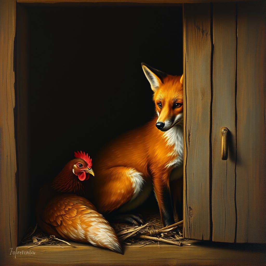 Fox Raids Hen House in Rembrandt Style Painting