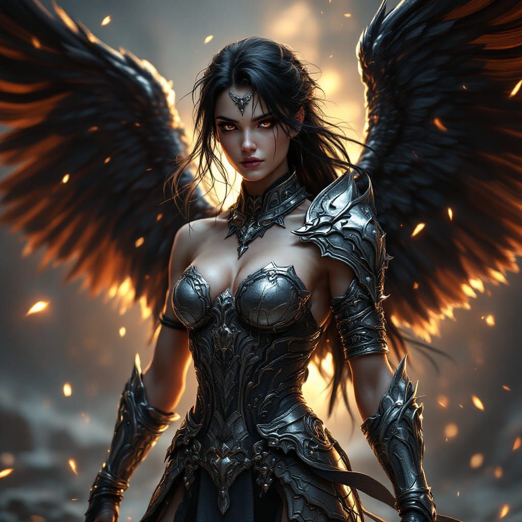 Muscular Aasimar Warrior with Dark Wings and Silver Armor