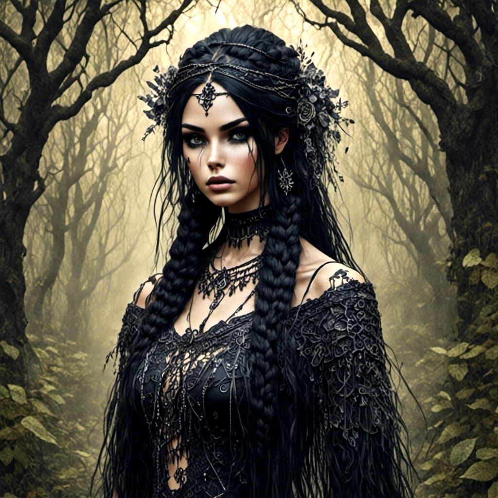 Gothic Woman in Sacred Forest: Oil Painting Style