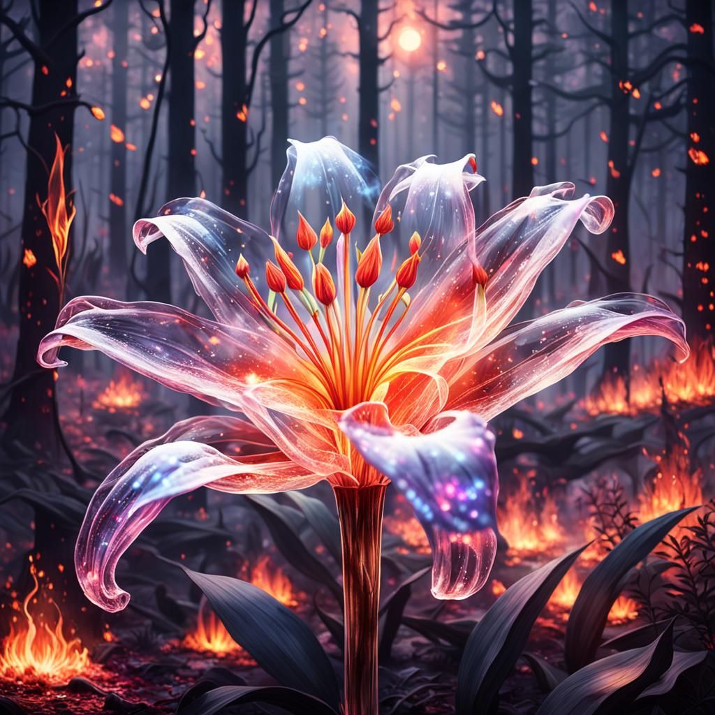 Crystalline Lily Amidst Burning Forest: Digital Art