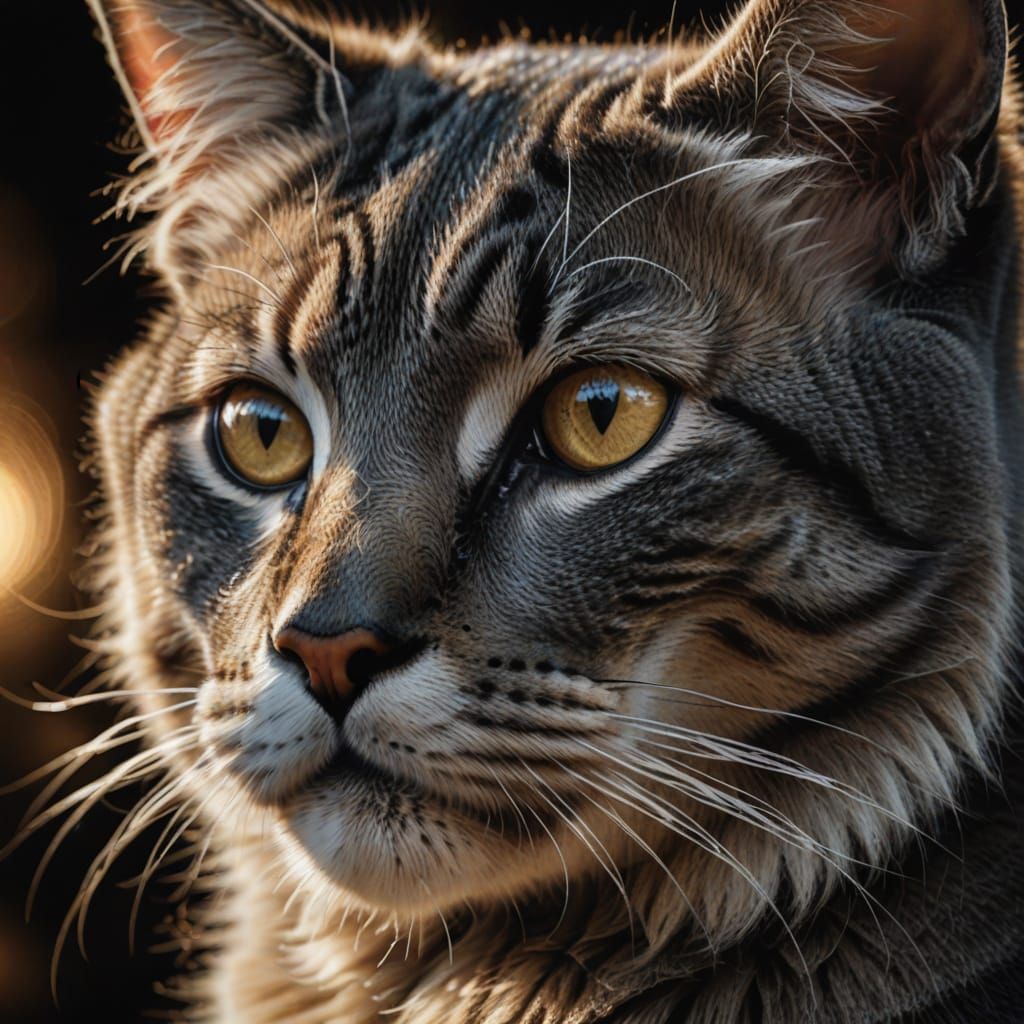 Feline Portrait in Double Exposure Charcoal Drawing