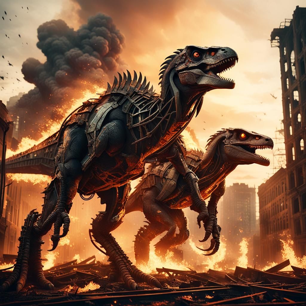 Mechs Clash in Ruined City: Cinematic Film Still