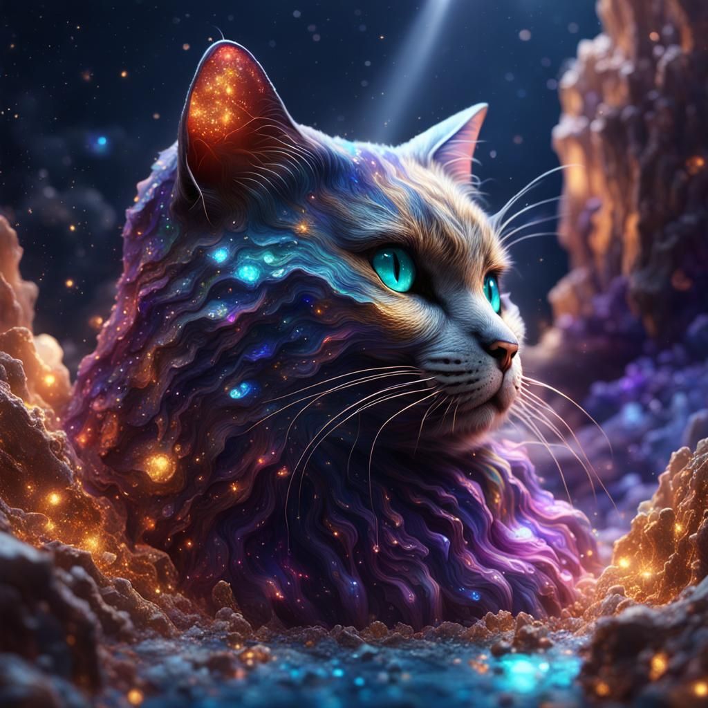 Sparkling Geode Cat: Detailed Fantasy Art
