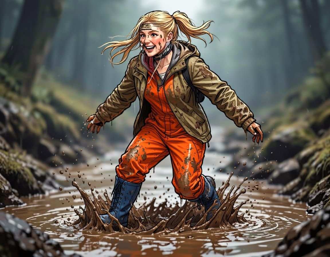 Woman Splashing in Muddy Water in Cyberpunk Manga Style