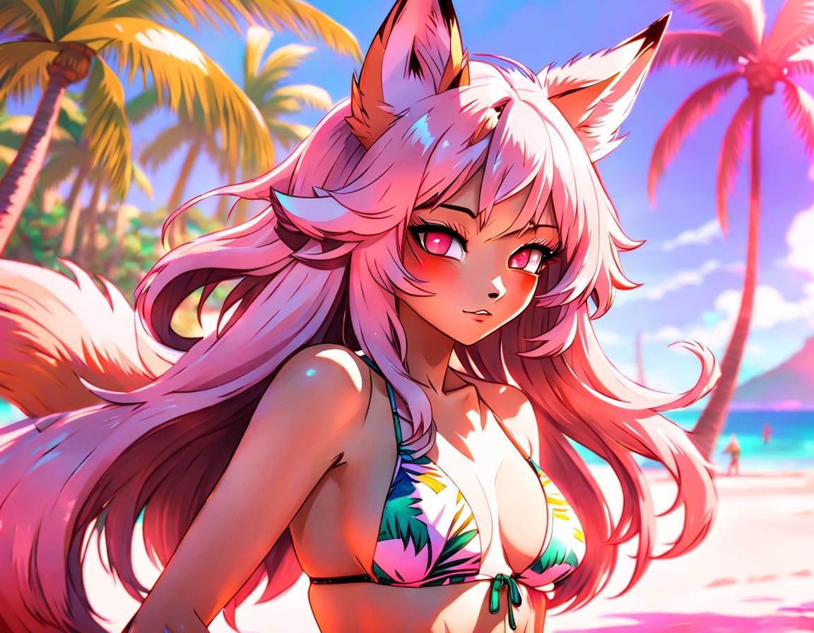Kitsune Woman on Pink Beach in Anime Style