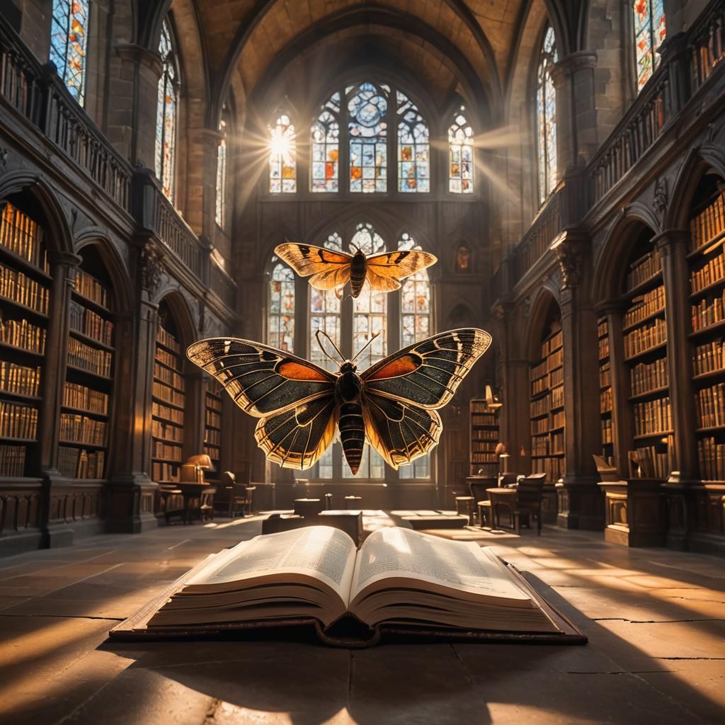 Book Moth Reads in Ancient Library