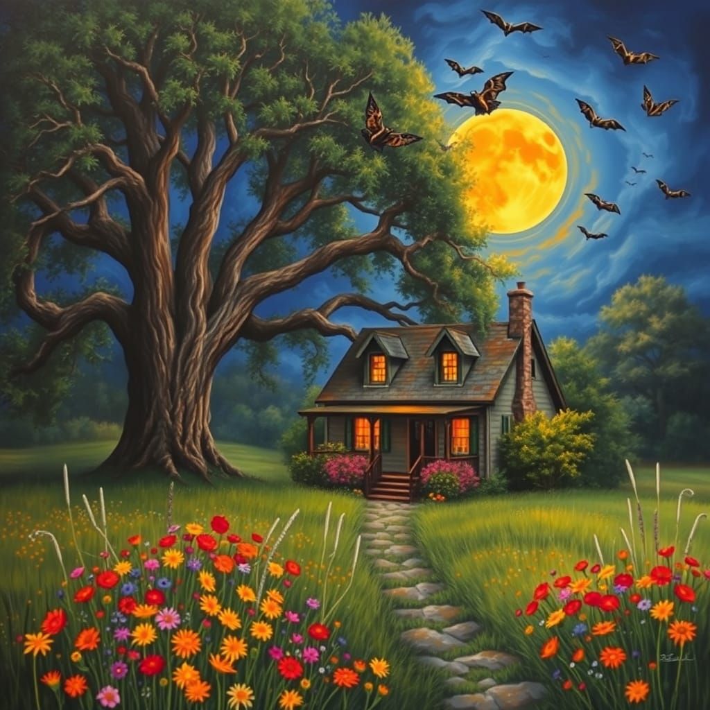 Vibrant Countryside Scene Under a Full Moonlit Sky