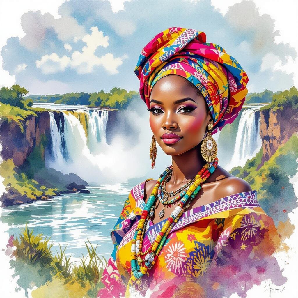 African Beauty with Victoria Falls, Watercolor Gouache