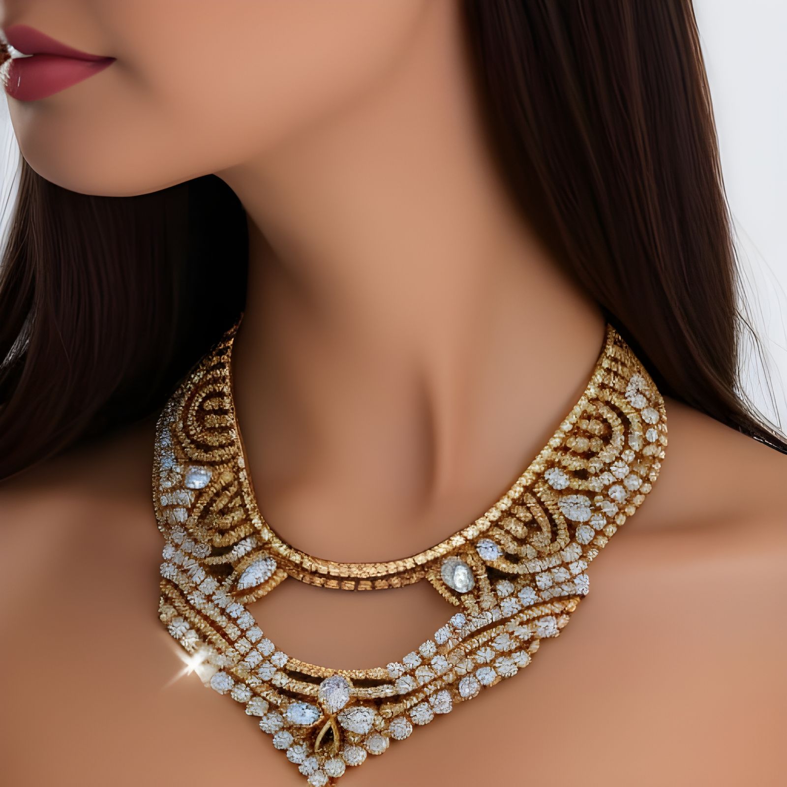 Elegant Woman Adorned with Intricate Iridescent Jewelry