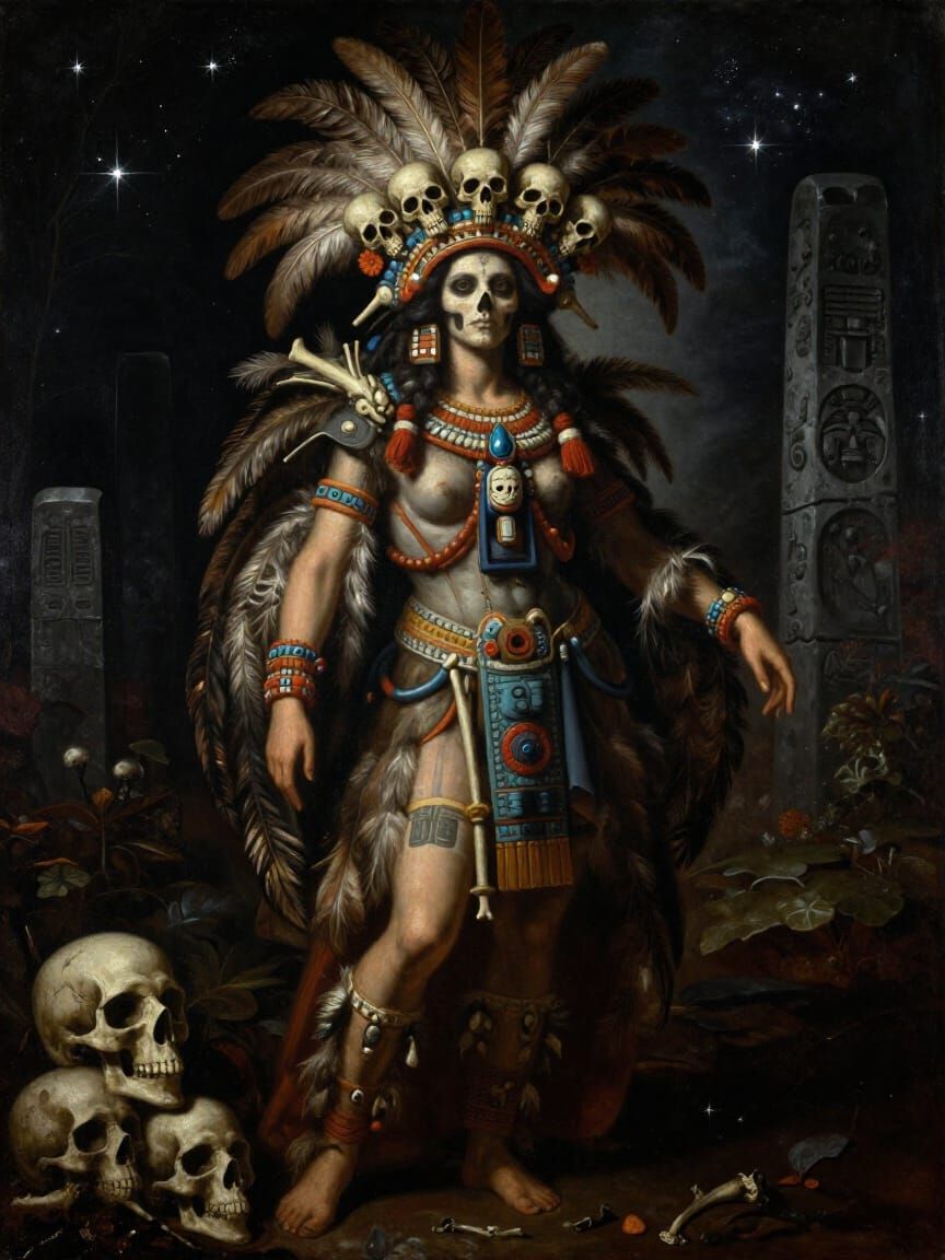 Mictēcacihuātl, Aztec Goddess of Death, in Baroque Oil Portr...