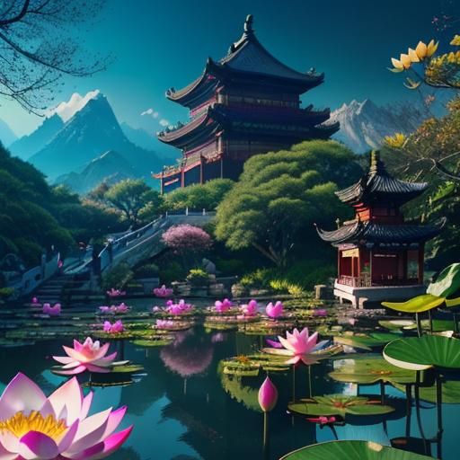 Tranquil Chinese Garden with Water Dragons in Cyanotype