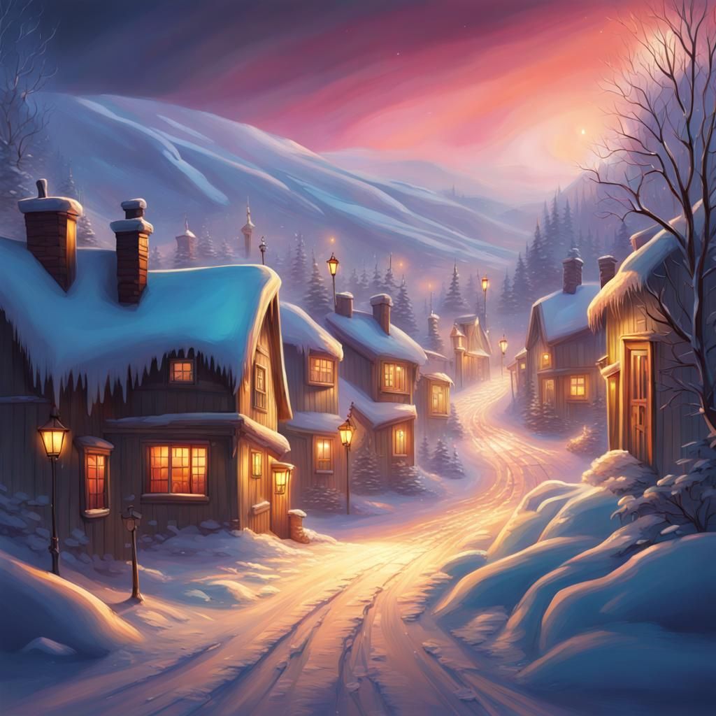 Cozy Village Under Aurora Borealis in Splash Art Style