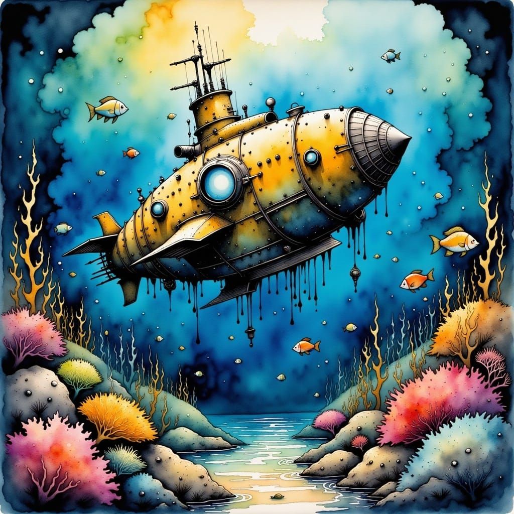Steampunk Submarine in Coral Reef: Watercolor and Ink