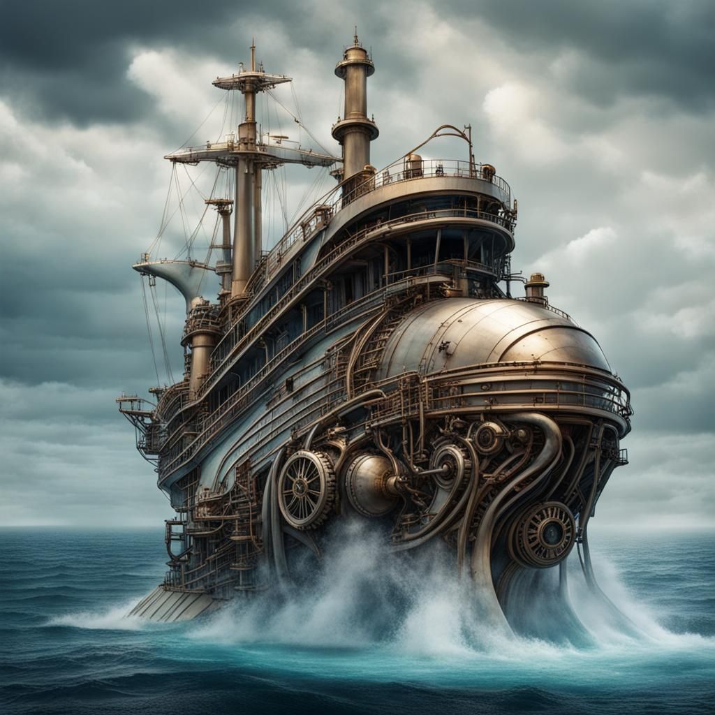 Surreal Steampunk Ship-Whale Waterfall Illusion