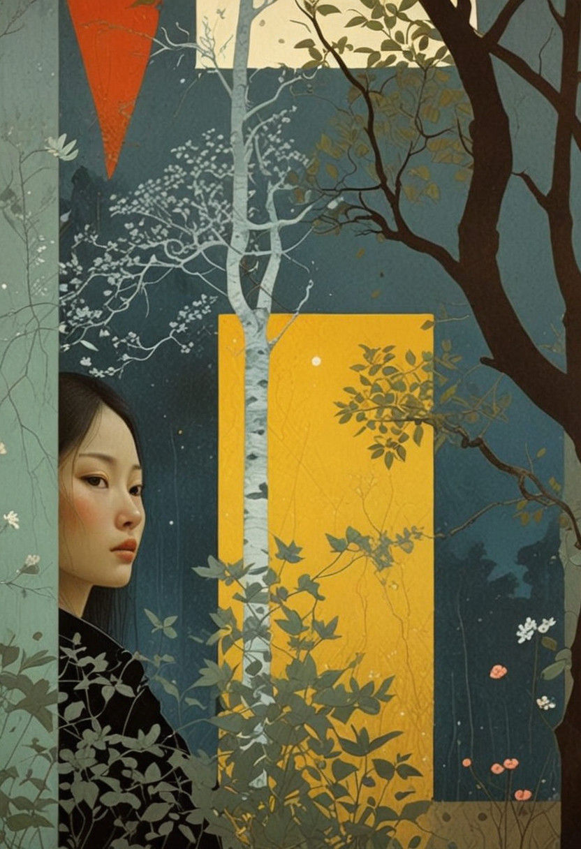 Ethereal Asian Woman in Moonlit Landscape