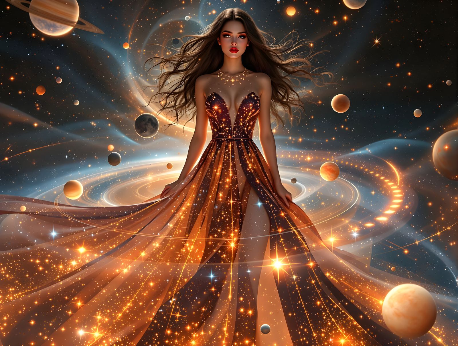 A cyber-glam styled fantasy photo shoot of an ethereal feminine caucasian woman with naturally sun kissed skin mesmerizi...