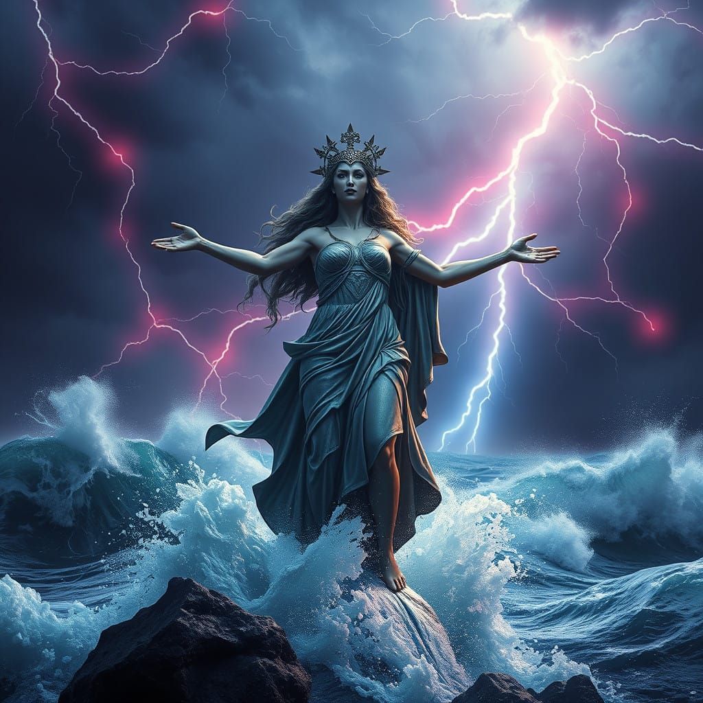 Goddess Summoning the Stormy Sea in Cyberpunk Fantasy Style