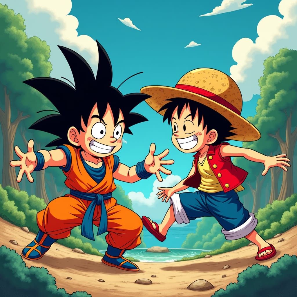 Goku and Luffy Playfully Battle in Manga World