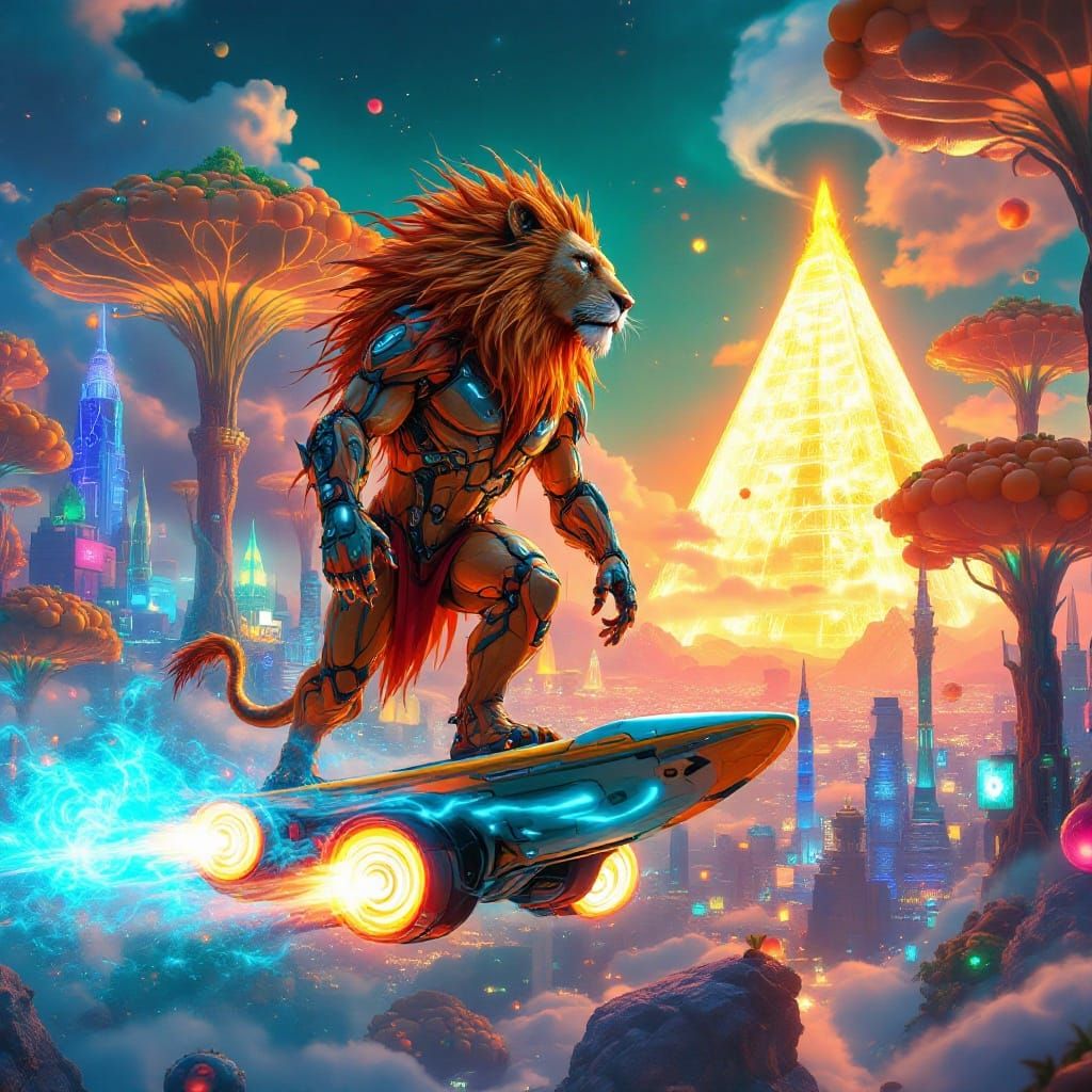 Surreal Futuristic Creature Rides Cybernetic Surfboard throu...