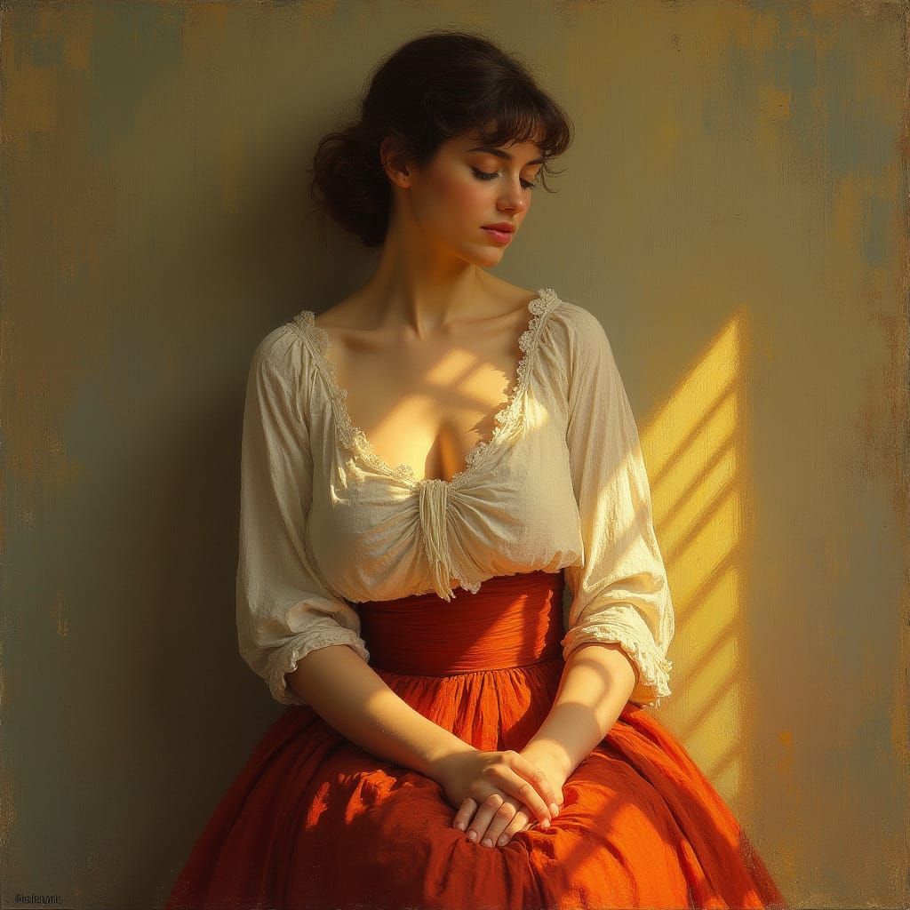 Contemplative Woman in Golden Light, in Cezanne's Style